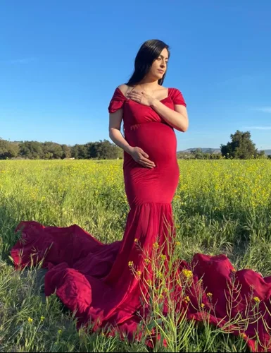 Miniatura 5 de ORQ Vestido de gasa de maternidad con hombros descubiertos para accesorios de fotos, vestido maxi de fotografía para sesión de fotos