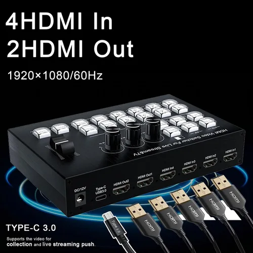 Miniatura 2 de Mezclador de vídeo de transmisión en vivo, 4 HDMI 4 canales de entrada de vídeo conmutador 2 salidas HDMI Switcher, soporte 1080P@60Hz, HDCP 1.4