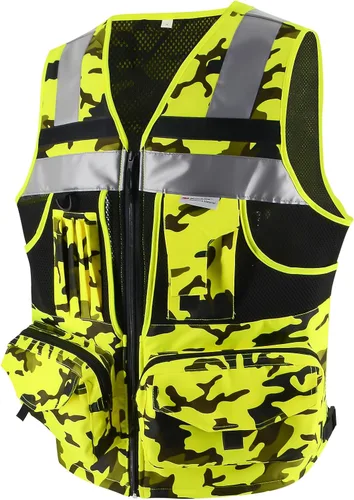 Miniatura 7 de Chaleco de seguridad Hi Vis con cintas reflectantes 3M, tela Oxford con 11 bolsillos, ropa de trabajo de construcción de visibilidad brillante