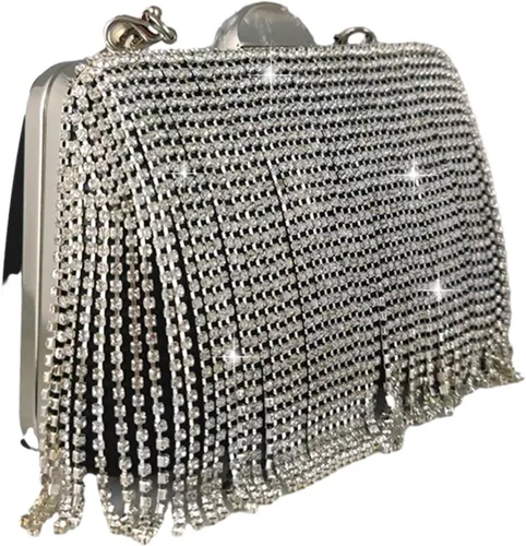 Miniatura 4 de Boutique De FGG Bolso de mano de cristal con borla, elegante bolso de noche para novias, bolsos de diamantes de imitación de fiesta de boda