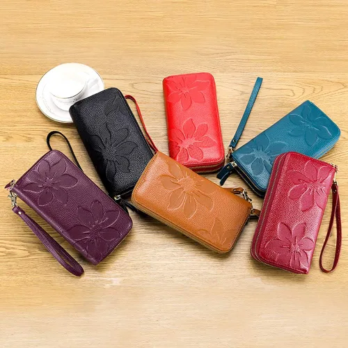 Miniatura 7 de Cartera de cuero para mujer con bloqueo RFID, bolsillo para teléfono inteligente con doble cremallera,Ranuras para efectivo de gran capacidad