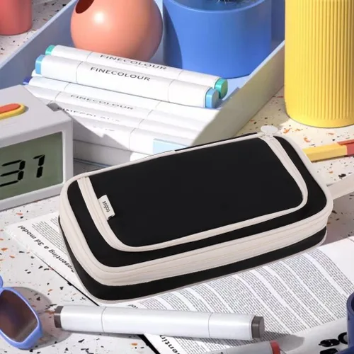 Miniatura 6 de iSuperb Estuche para lápices de gran capacidad, bolsa portátil para bolígrafos con 2 compartimentos, organizador de bolígrafos negro