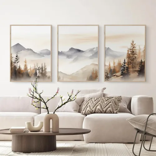 Miniatura 6 de Decoración de pared de montaña neutral Arte de pared de set de 3 lienzos de bosque Arte de pared de paisajes Arte de pared moderno Cuadros