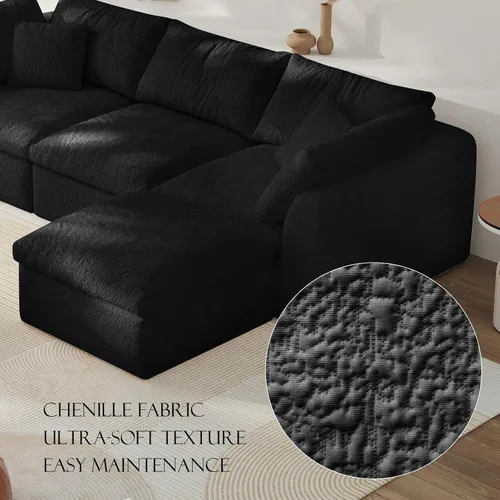 Miniatura 3 de Sofá modular de nube sin hueso de 108 pulgadas con asiento profundo para sala de estar, sofá en forma de L con otomana, tela de copo de nieve y Negro