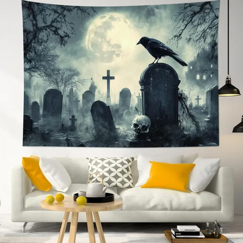 Miniatura 20 de HVEST Tapiz de Halloween de luna llena, lápida de cuervo negro, árbol muerto, tapiz para dormitorio, cementerio gris aterrador, bosque, decoración