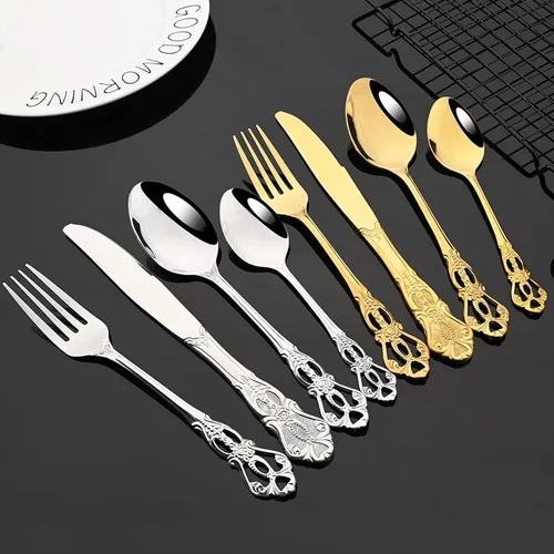 Miniatura 8 de JASHII Juego de cubiertos de acero inoxidable 304 estilo antiguo, 20 piezas de servicio para 4 vajillas plateadas con cuchillos, cucharas, plateado