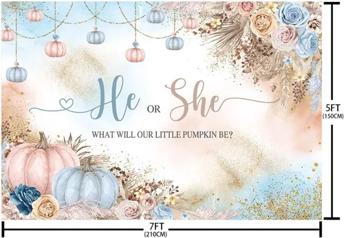 Miniatura 5 de AIBIIN Telón de fondo de revelación de género de 7 x 5 pies con texto en inglés "He or She What Will Our Little Pumpkin Be Background", color rosa