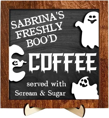 Miniatura 12 de Letrero personalizado de Freshly Boo D Coffee para Halloween, lindo letrero de madera de fantasma, letrero de boo, letrero divertido de Halloween