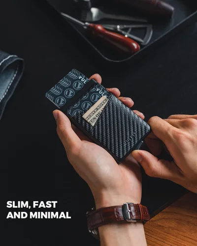 Miniatura 2 de VULKIT Cartera desplegable para tarjetas de crédito con ranuras de cuero adicionales con bloqueo RFID, funda delgada de metal para tarjetas, Carbon
