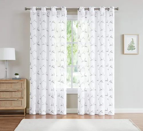 Miniatura 9 de Cortinas LinenZone de piso a techo para ventanas extra anchas. Cortinas transparentes blancas para divisores de habitación con bordado de hojas rosa