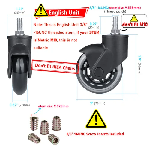 Miniatura 2 de Hirate Ruedas para silla de oficina de 3 pulgadas con vástago roscado de 3/8 pulgadas - 16UNC, reemplazo de rodillo de rueda silenciosa mejorado