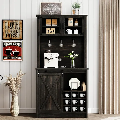 Miniatura 16 de 4ever2buy - Gabinete de café-bar de granja con aparador, gabinete de buffet de 31 pulgadas con puerta corrediza de granero, gabinete de barra