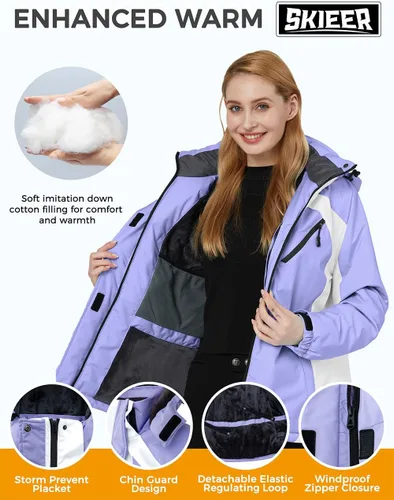 Miniatura 3 de Skieer Chaqueta de esquí impermeable para mujer, abrigo cálido de invierno con capucha para snowboard