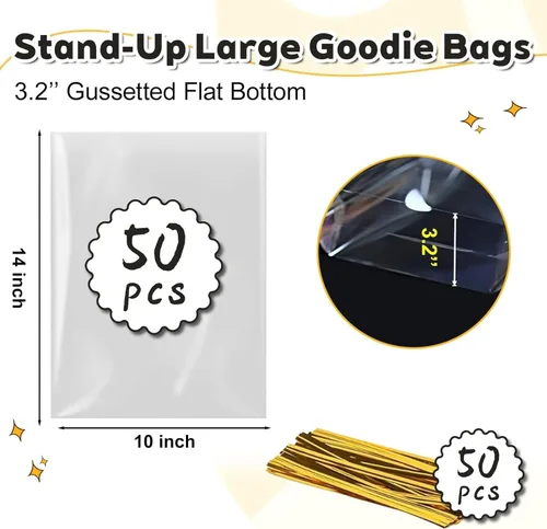 Miniatura 5 de PigPotParty Bolsas de celofán de 10 x 14 pulgadas, paquete de 50 bolsas de regalo de plástico transparente con fuelle inferior para exhibición