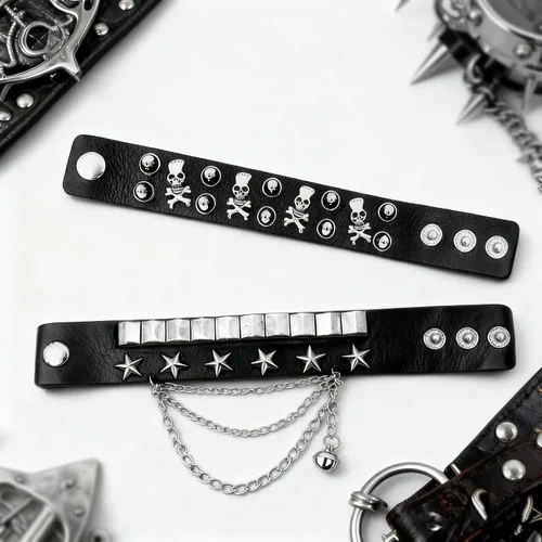 Miniatura 5 de Juego de 2 pulseras de cadena con tachuelas góticas, punk, calavera, estrella, remache, brazalete de los años 80, Emo Goth Punk Rock, accesorios