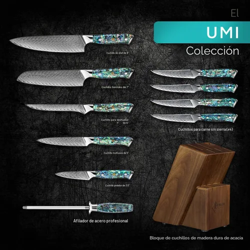Miniatura 3 de SENKEN - Juego de cuchillos de Damasco de 11 piezas con mango de concha de abulón - Juego de cuchillos de chef japoneses de la colección "Umi