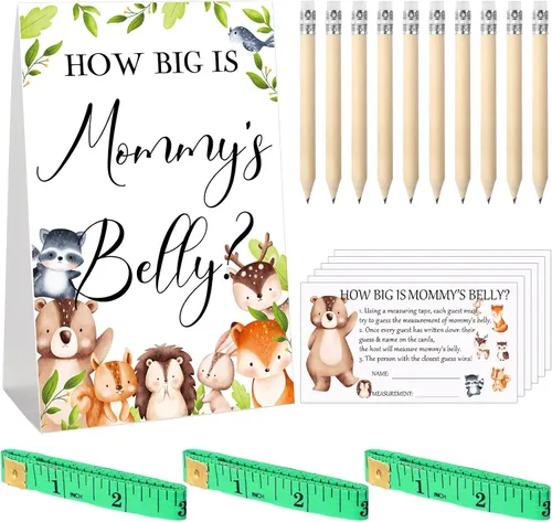 Miniatura 27 de Sabary 64 Piezas Juegos de Baby Shower Incluyen Letrero How Big is Mommy's Belly Sign Measure Bump Game 50 Tarjetas 10 Lápices 3 Cintas Métricas
