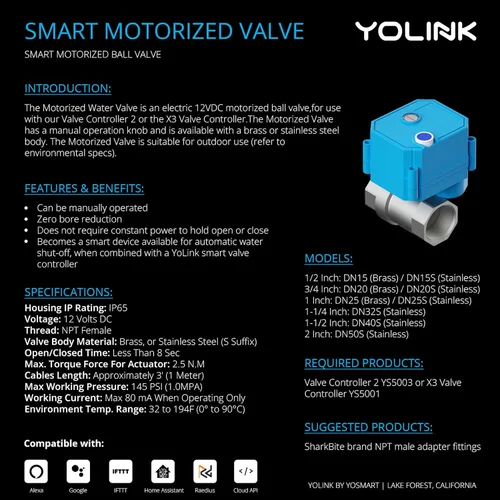 Miniatura 5 de Kit de control de válvula inteligente inalámbrico YoLink, válvula motorizada de acero inoxidable certificada NSF de 1/2", controlador inalámbrico 2