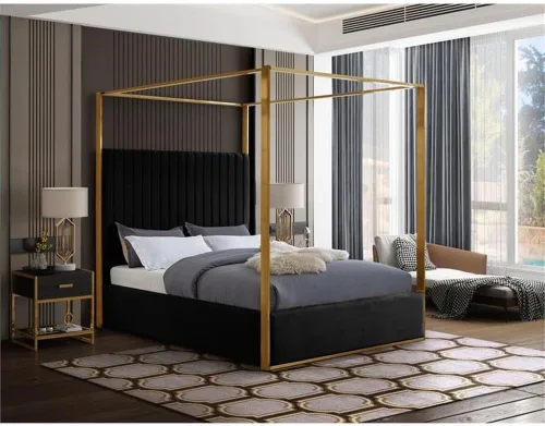 Miniatura 2 de Meridian Furniture JonesBlack-Q Jones Collection Modern Cama Queen tapizada contemporánea, terciopelo negro, acolchado de canal, marco de latón