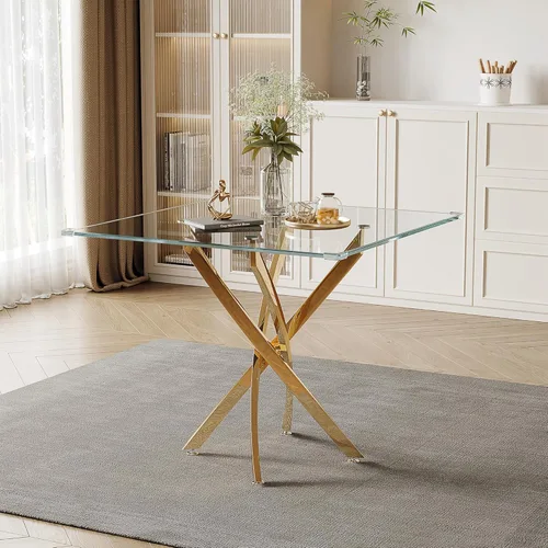 Miniatura 20 de Juego de mesa de comedor de cristal para 4, juego de mesa de cocina redonda dorada de 5 piezas con 4 sillas tapizadas negras, mesa de comedor
