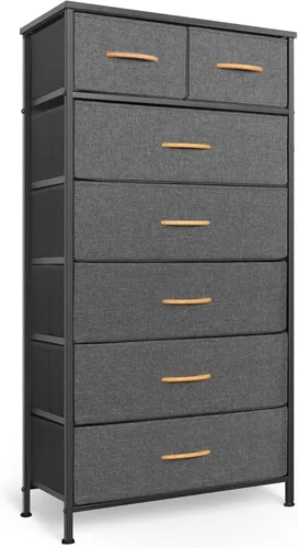 Mifuro - Cómoda alta para dormitorio, torre organizadora de almacenamiento vertical con 7 cajones, cómoda con contenedores de tela, marco de acero,
