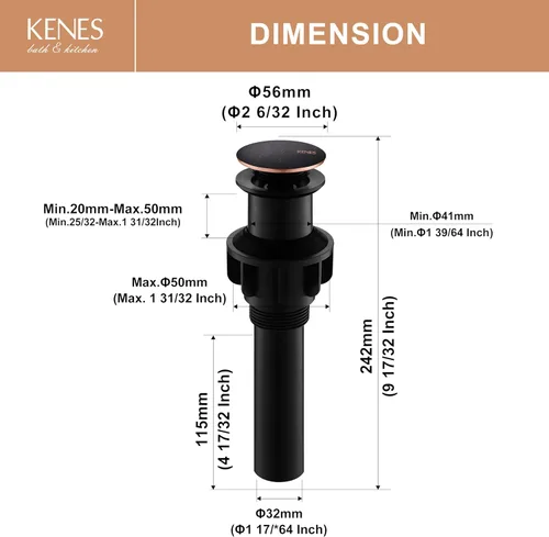 Miniatura 6 de KENES Desagüe Pop Up de Bronce Frotado con Aceite para Lavabo Vessel de Baño, Tapón de Desagüe para Lavabo de Tocador, Ensamblaje de Desagüe