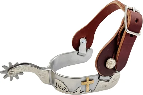AJ Tack Mens Sweet Iron Praying Cowboy Spurs with Latigo Leather Spur Straps, Engraved Western Riding Spurs, 10-Point Rowels, Mens Size