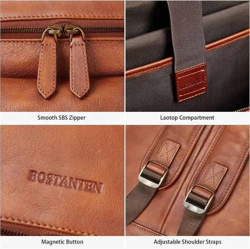 Miniatura 6 de BOSTANTEN Mochila de cuero para hombres 15.6 pulgadas mochila portátil vintage viaje oficina bolsa de hombro gran capacidad marrón rojo