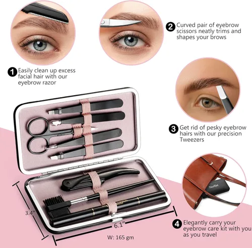 Miniatura 2 de Exquisito kit de cejas 8 en 1 para mujeres y hombres – Kit de aseo de cejas de lujo con 4 pinzas de precisión para cejas, maquinilla de afeitar