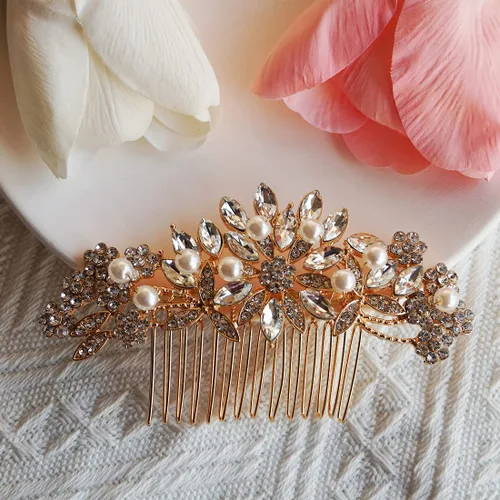 Miniatura 6 de Hapibuy - Peineta de boda con cristales, peine de novia con perlas, tocado de boda en oro, accesorio para el cabello para usar en fiestas