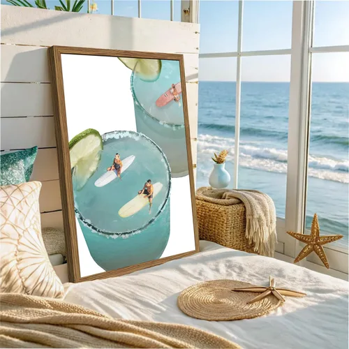 Miniatura 5 de Juego de 3 pinturas de pared costeras azules enmarcadas, decoración de pared de playa con bola de discoteca preppy, pinturas de surf retro Y2K