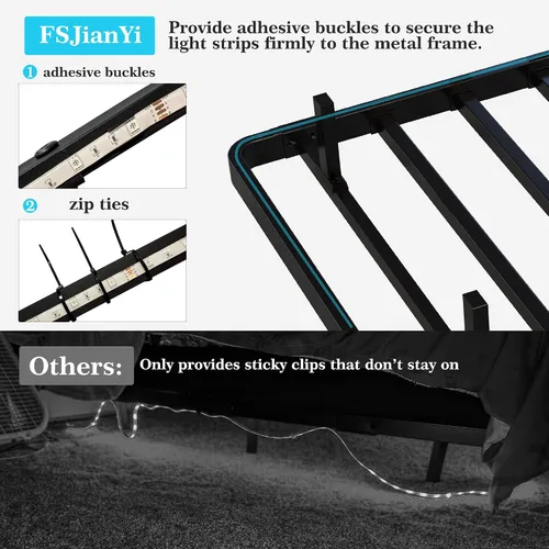 Miniatura 6 de Base de cama flotante con luces LED y estación de carga - Base de cama moderna de plataforma metálica con juntas de colchón - Libre de ruido,
