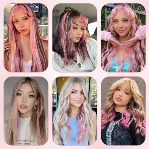 Miniatura 6 de 12 extensiones de cabello sintético con clip de color de 20 pulgadas de largo, lacio, con reflejos para fiestas, para mujeres y niñas