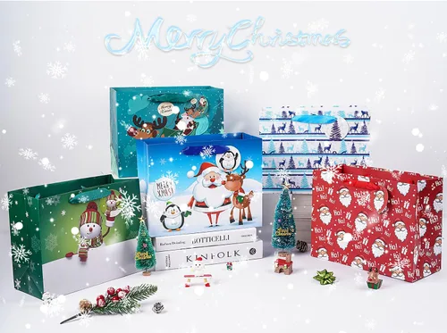 Miniatura 5 de JWSCYSY 18 Pack Bolsas de regalo de papel de Navidad con papeles de seda a granel, bolsas de regalo de Navidad medianas con diseños surtidos