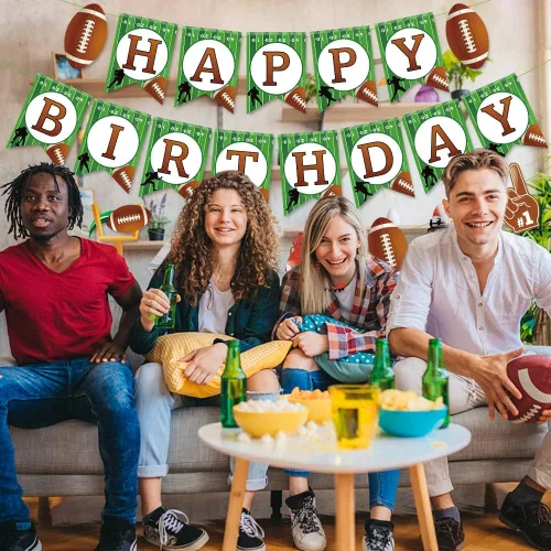Miniatura 2 de Decoraciones de fiesta de fútbol americano con texto en inglés «Happy Birthday» para fiestas de cumpleaños, banderines con temática deportiva
