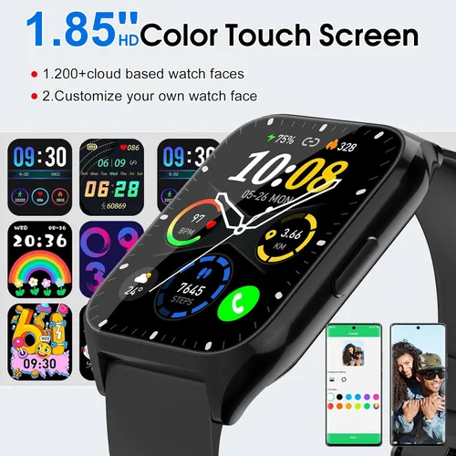 Miniatura 2 de Reloj inteligente para hombres y mujeres (respuesta/hacer llamadas), reloj de fitness HD de 1.85 pulgadas con monitor de frecuencia cardíaca y Negro