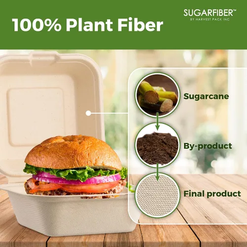 Miniatura 3 de [500 unidades] Fibra de azúcar por Harvest Pack PFAS FREE 6 x 6 pulgadas compostable Clamshell Recipientes de alimentos, contenedor con bisagras