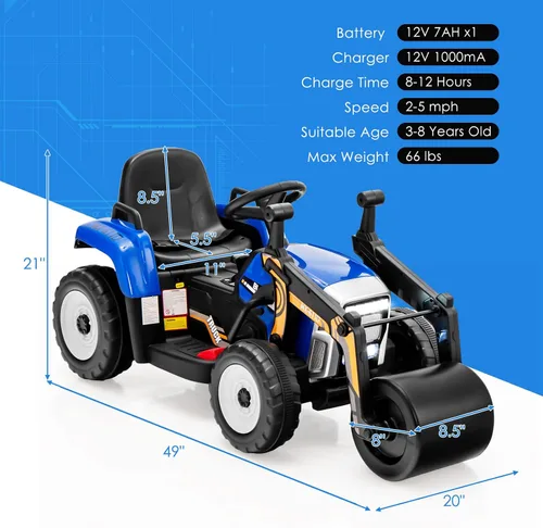Miniatura 9 de HONEY JOY Coche de paseo eléctrico de 12 V con control remoto, tractor de batería para niños pequeños con rodillo de tambor ajustable, bocina y Azul