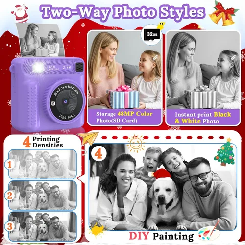 Miniatura 3 de Cámara para niños con impresión instantánea, grabadora de video digital HD 1080P con tarjeta SD de 32 GB, regalos de Navidad y cumpleaños para niños