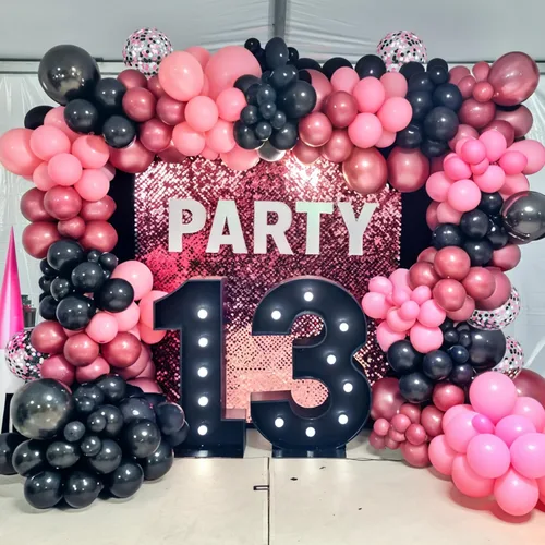 Miniatura 5 de Globos rosados y negros, 60 piezas de 12 pulgadas, color rosa intenso, rosa claro, negro, confeti, globos metálicos rosados para fiesta temática