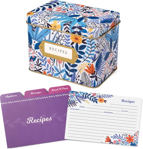 Miniatura 13 de Jot & Mark Caja de regalo para tarjetas de recetas, 50 tarjetas de 4 x 6 pulgadas, 14 divisores, caja de lata decorativa, patrón floral