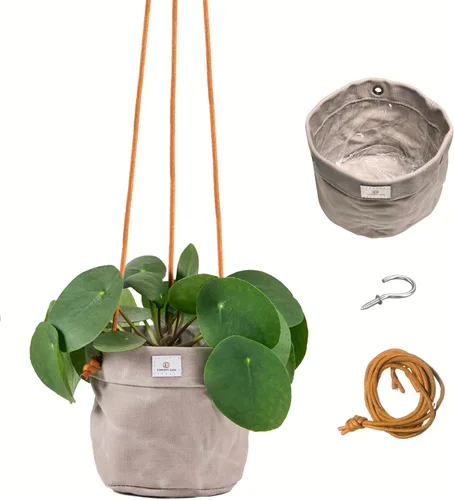 Maceta colgante grande de lona encerada hecha a mano para plantas de interior/exterior, cesta colgante soporte para plantas, gris piedra con gancho