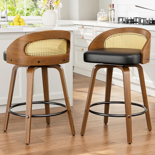 Miniatura 13 de YaFiti Taburetes de bar, taburetes de bar de 26 pulgadas de altura de mostrador con patas de madera curvada, taburetes giratorios con respaldo