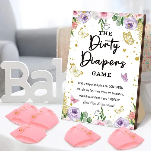 Miniatura 6 de BBTO 51 piezas de pañales sucios para baby shower, juego de mariposa para baby shower, divertido letrero de madera, 50 piezas, mini pañal de fieltro