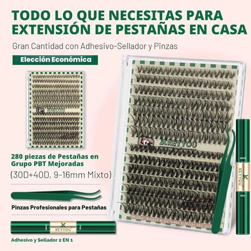 Miniatura 2 de Kit de extensión de pestañas DIY KEYYOU 280 piezas, pestañas individuales, rizadas D, kit de extensión de pestañas 30D+40D, 9-16 Mix, racimos