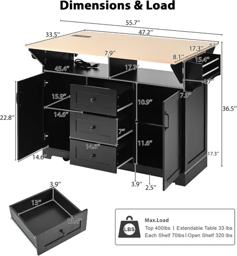 Miniatura 2 de Isla de cocina de 2 hojas caídas sobre ruedas, carrito de cocina rodante con tomas de corriente, mesa de isla de cocina con 2 gabinetes