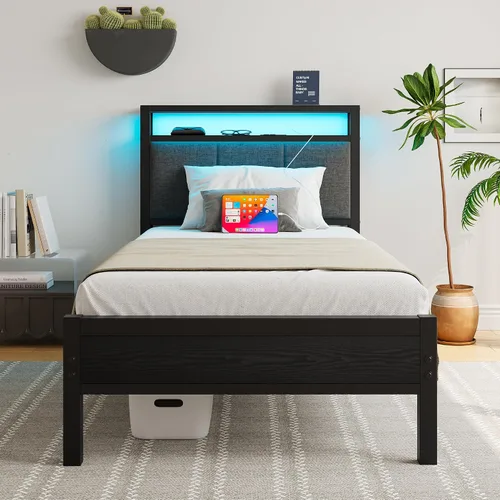 Miniatura 12 de Base de cama de tamaño matrimonial con luces LED, cabecera tapizada con estantes de almacenamiento y estación de carga, base de colchón LED