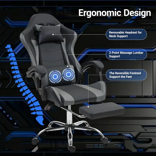 Miniatura 4 de Silla ergonómica para juegos con madera de masaje, silla de videojuegos gris con reposapiés para adultos y niños, reposacabezas ajustable y soporte