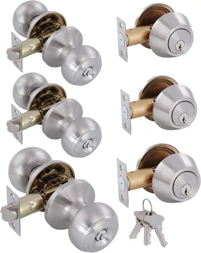 Miniatura 11 de Paquete de 2 pomos de puerta idénticos con llave, cerrojo de seguridad de un solo cilindro, pomos clásicos de níquel satinado para puerta exterior