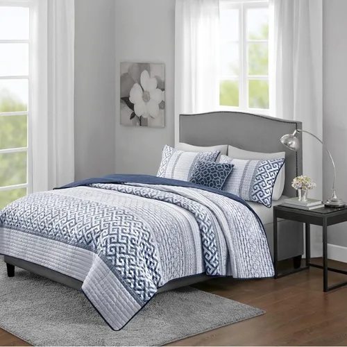 Madison Park - Juego de colchas de lujo con diseño de rayas jacquard - para todas las estaciones, colcha de cama ligera, fundas, almohada Azul
